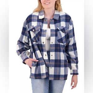 HFX Women’s Oversized Flannel Shirt Utility Jacket Button Down Blue Plaid Size S